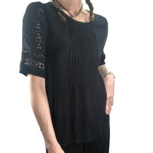 Loft Gauzy Pintuck Blouse Top Sz XS Black Embroidered Short Sleeve Boho Feminine